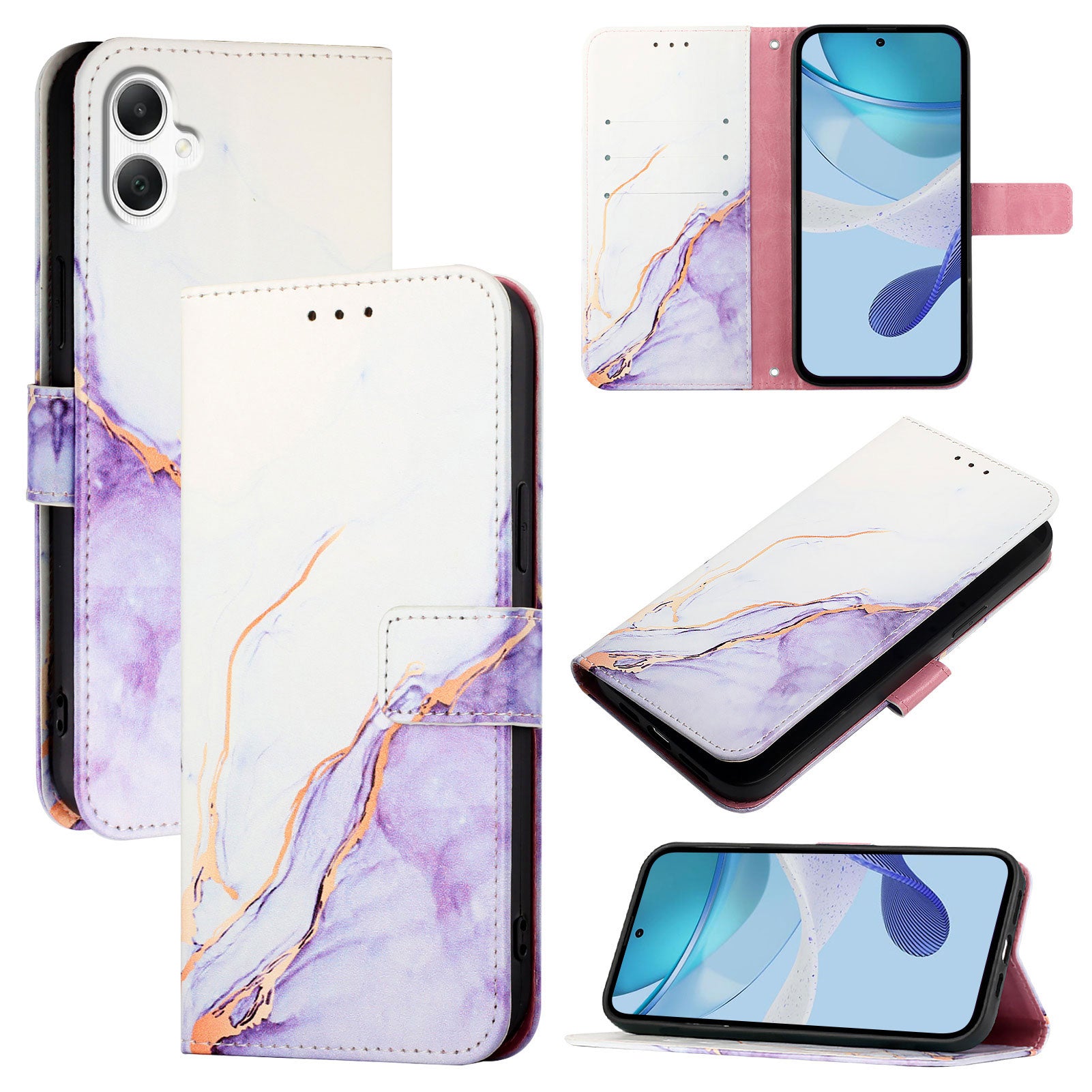For Samsung Galaxy A06 Case YB Pattern Printing Leather Series-5 Marble Pattern Wallet Phone Cover - White / Purple LS006 For Samsung Galaxy A06 Case YB Pattern Printing Leather Series-5 Marble Pattern Wallet Phone Cover - White / Purple LS006